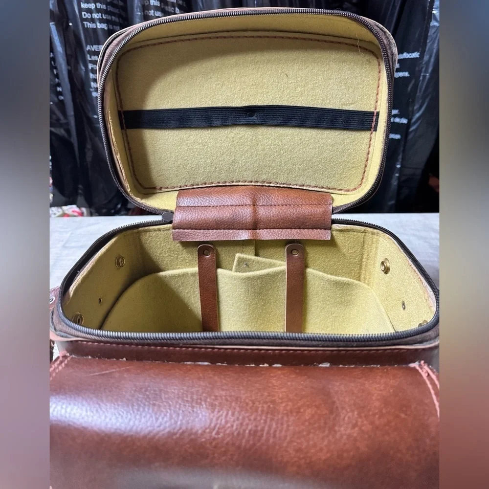 Vintage Leather Camera Bag Case Brown Brass Strap Pocket USA 703 10 x 8 x 6 Inch